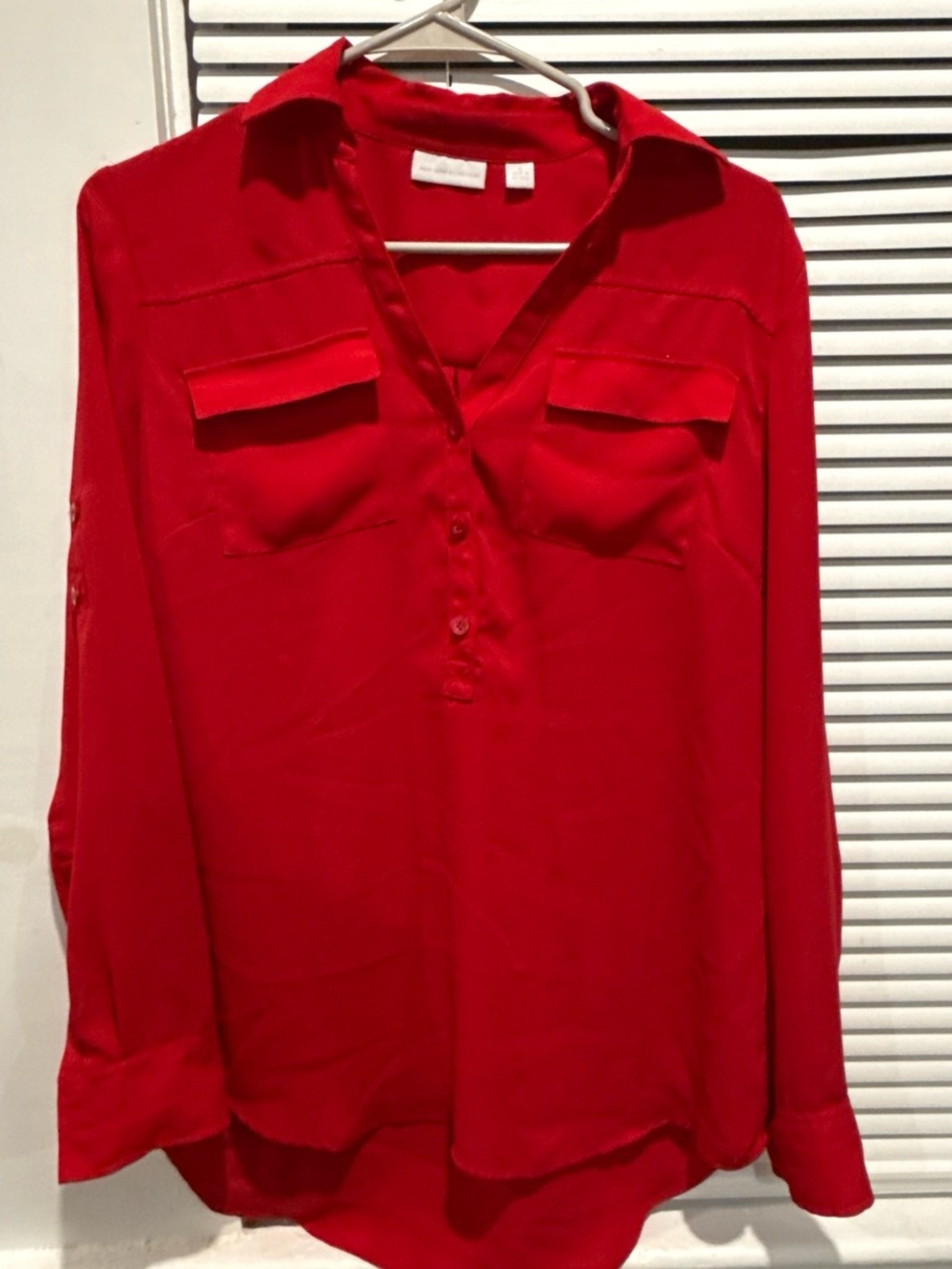 New York & Company Red Button-Front Long Sleeve Blouse